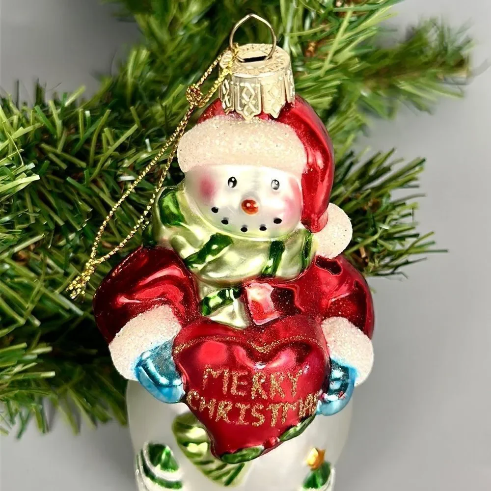 Lao Mai Christmas Ornament Blown Glass Snowman Holding Heart Holiday 5